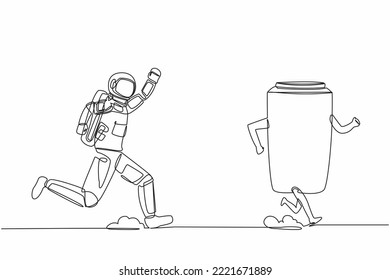 Continuous one line drawing young astronaut run chasing paper cup in moon surface. Recycling waste treatment in outer space. Cosmonaut outer space. Single line draw graphic design vector illustration