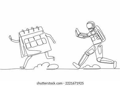 Continuous one line drawing young astronaut run chasing calendar in moon surface. Spaceship launch schedule planning. Cosmonaut outer space concept. Single line draw graphic design vector illustration