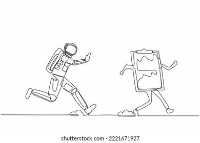 Continuous one line drawing young astronaut run chasing clipboard in moon surface. Spaceship launch preparation checklist document. Cosmonaut outer space. Single line draw design vector illustration