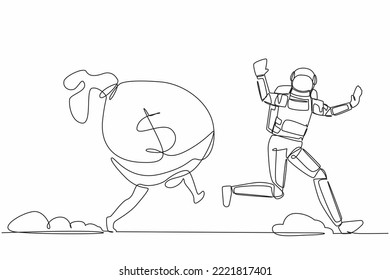 Continuous one line drawing of young astronaut being chased by money bag. Hurry in achieving wealth and profit goals in spaceship company. Cosmonaut outer space. Single line design vector illustration