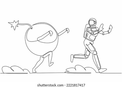 Una línea continua dibujando a un joven astronauta perseguido por una bomba. Miedo a la destrucción galáctica. Tecnología futura de nave espacial. Espacio ultraterrestre Cosmonauta. Ilustración vectorial de diseño gráfico de una sola línea