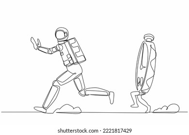 Continuous one line drawing young astronaut being chased by stopwatch. Afraid in project spaceship measurement and deadline. Cosmonaut outer space. Single line draw graphic design vector illustration svg