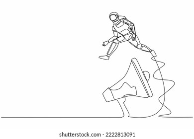 Continuous one line drawing young astronaut jumping over big megaphone. Loudspeaker technology. Announcement in space office control. Cosmonaut outer space. Single line draw design vector illustration svg