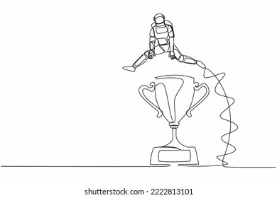 Continuous one line drawing young astronaut jumping over big trophy. Challenge or succeed in spaceship business competition. Cosmonaut outer space. Single line draw graphic design vector illustration