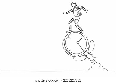 Continuous one line drawing young astronaut riding alarm clock rocket ship with fire in moon surface. Space expedition launching. Cosmonaut outer space. Single line graphic design vector illustration