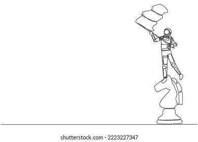 Continuous one line drawing young astronaut standing on top of big chess horse knight piece and waving flag. Cosmonaut outer space cosmic concept. Single line draw graphic design vector illustration