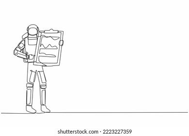 Continuous one line drawing young astronaut standing and pointing big clipboard in moon surface. Checklist of spaceman duty. Cosmonaut outer space. Single line draw graphic design vector illustration
