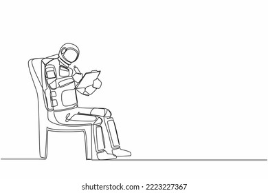 Continuous one line drawing young astronaut sitting on chair and writing on clipboard. Spaceship exploration plan strategy. Cosmonaut outer space. Single line draw graphic design vector illustration svg