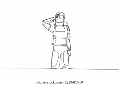 Continuous one line drawing of young astronaut standing with making 'L' symbol, showing loser sign on forehead with fingers. Cosmonaut outer space. Single line draw graphic design vector illustration