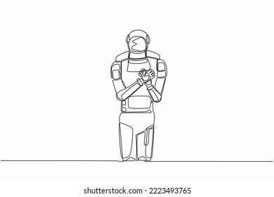 Continuous one line drawing young astronaut standing with keeping hands on chest. Spaceman suffering from chest pain or heart attack. Cosmonaut outer space. Single line draw design vector illustration