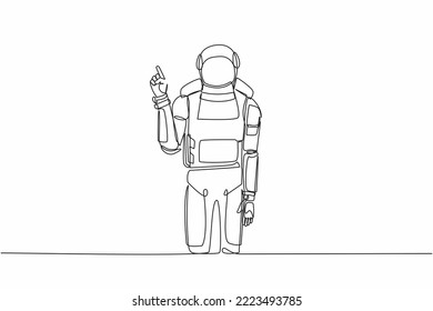 Continuous one line drawing young astronaut standing with finger index up gesture in moon surface. Emotion and body language. Cosmonaut outer space. Single line draw graphic design vector illustration svg