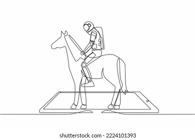 Continuous one line drawing young astronaut riding horse on smartphone screen. Racing horse with jockey. Equestrian online sport. Cosmonaut outer space. Single line graphic design vector illustration