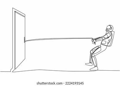 Continuous one line drawing young astronaut pulling rope to drag door, metaphor to facing big problem. Space exploration struggle. Cosmonaut outer space. Single line graphic design vector illustration