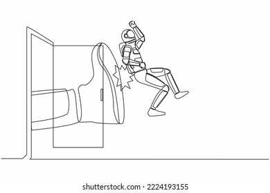 Continuous one line drawing young astronaut get kicked out of door. Dismissed from his job. Boss kicks unnecessary spaceman. Cosmonaut outer space. Single line draw graphic design vector illustration svg