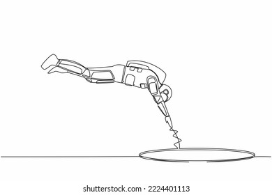 Continuous one line drawing of young astronaut jump into hole. Failure to take advantage of spaceship business opportunities. Cosmonaut outer space. Single line draw graphic design vector illustration