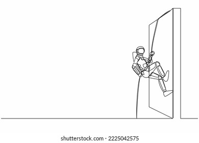 Continuous one line drawing young astronaut climbing over wall with rope in moon surface. Challenge in spaceship expedition. Cosmonaut outer space. Single line draw graphic design vector illustration