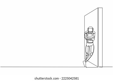 Continuous one line drawing young astronaut standing and leaning against wall in moon surface. Thinking about space exploration. Cosmonaut outer space. Single line graphic design vector illustration