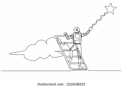 Continuous one line drawing of young astronaut climbing ladder and reaching star on sky for interstellar expedition success. Cosmonaut outer space. Single line draw graphic design vector illustration