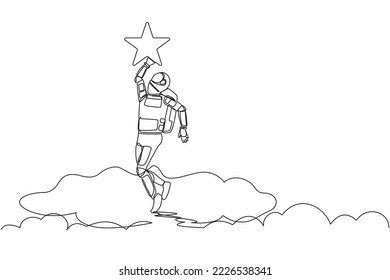 Continuous one line drawing young astronaut reaching star on the sky. Business champion to get reward in spaceship industry. Cosmonaut outer space. Single line draw graphic design vector illustration