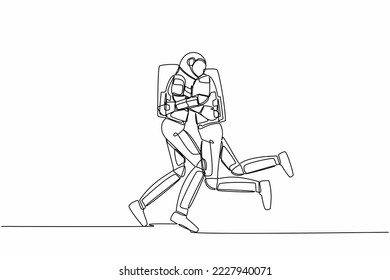 Continuous one line drawing young astronaut jumps and hugs his friend. Happiness between two friends. Reunion after years apart. Cosmonaut outer space. Single line graphic design vector illustration