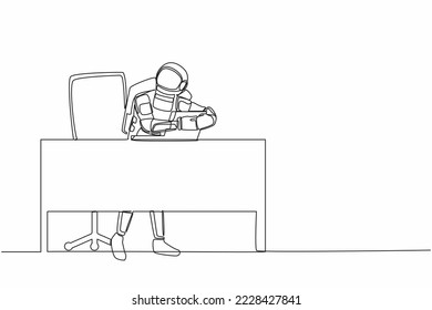Continuous one line drawing of young astronaut sitting and hugging laptop at office desk. Accomplish interstellar expedition. Cosmonaut outer space. Single line draw graphic design vector illustration