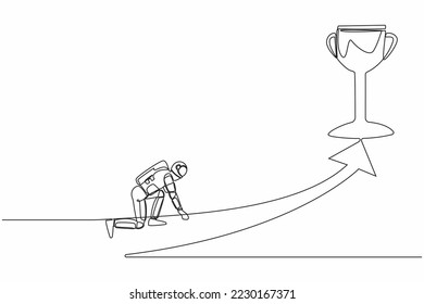 Continuous one line drawing young astronaut get ready to sprint run and get trophy. Planning in spaceship galactic journey. Cosmonaut outer space. Single line draw graphic design vector illustration