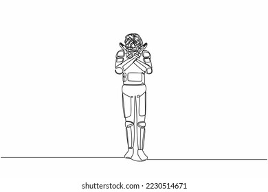 Continuous one line drawing young astronaut with round scribbles instead of ahead, making x symbol, crossing hands, rejection, displeased. Cosmonaut outer space. Single line design vector illustration