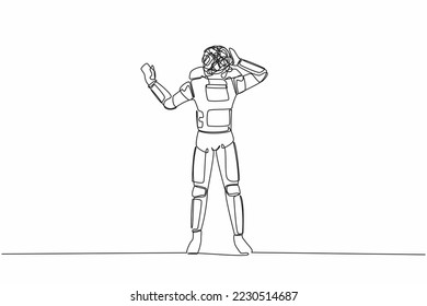 Continuous one line drawing young astronaut with round scribbles instead of head, stop gesture. Covering eyes with hand, fear, expression. Cosmonaut outer space. Single line design vector illustration