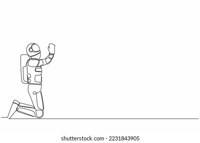Continuous one line drawing young astronaut on his knees and ask for help or praying. Hoping for successful in orbital adventure. Cosmonaut outer space. Single line graphic design vector illustration