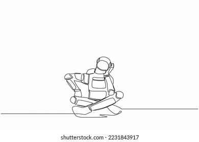 Continuous one line drawing young astronaut sitting with support his head and confused because get into space expedition problem. Cosmonaut outer space. Single line graphic design vector illustration