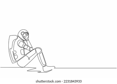 Continua línea que dibuja a un joven astronauta sentado en el suelo con la cara cubierta, sintiéndose triste por el fracaso del viaje cósmico. Espacio ultraterrestre Cosmonauta. Ilustración vectorial de diseño gráfico de una sola línea