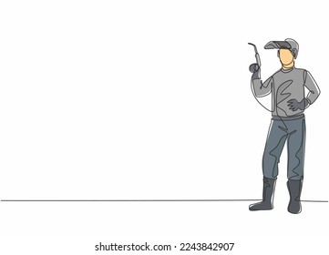 Continuous one line drawing of young male welder pose standing and holding a welding machine nozzle. Professional job profession minimalist concept. Single line draw design vector graphic illustration