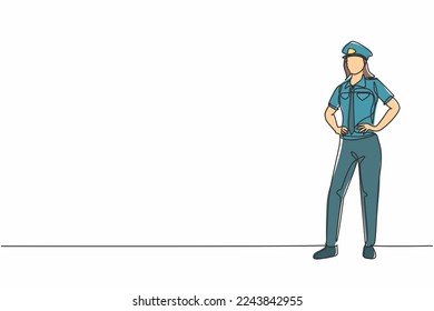 Continuo dibujo de una línea de una joven hermosa policía uniformada de pie con las manos en la cadera. Concepto minimalista de profesión laboral profesional. ilustración vectorial de diseño de línea única