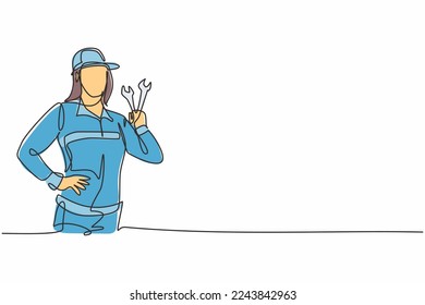 Continuous one line drawing of young beautiful attractive female mechanic with hands on hip. Professional job profession minimalist concept. Single line draw design vector graphic illustration