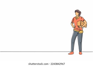 Dibujo continuo de una línea de una joven mujer de parto de belleza sosteniendo un paquete con las manos en la cadera. Concepto minimalista de profesión laboral profesional. ilustración vectorial de diseño de línea única