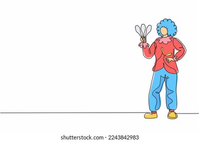 Continuous one line drawing of young funny beauty female clown with hands on hip. Professional job profession minimalist concept. Single line draw design vector graphic illustration