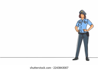 Continuo dibujo de una línea de una joven policía de belleza uniformada de pie con las manos en la cadera. Concepto minimalista de profesión laboral profesional. ilustración vectorial de diseño de línea única
