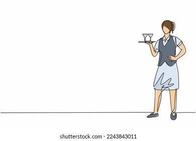 Continuous one line drawing of young beautiful female waitress holding tray with hands on hip. Professional job profession minimalist concept. Single line draw design vector graphic illustration