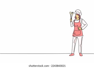 Continuo dibujo de una línea de una joven y hermosa chef parada con las manos en la cadera. Concepto minimalista de profesión laboral profesional. ilustración vectorial de diseño de línea única