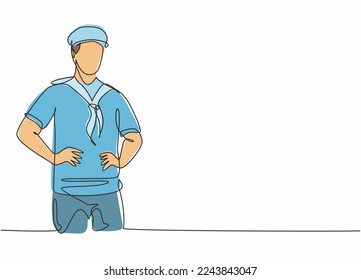 Continuous one line drawing of young sailor man wearing sailing uniform with hat before have a sail. Professional job profession minimalist concept. Single line draw design vector graphic illustration