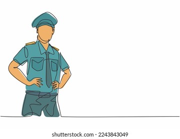 Continuous one line drawing of young captain pilot pose wearing uniform before take off flight. Professional job profession minimalist concept. Single line draw design vector graphic illustration