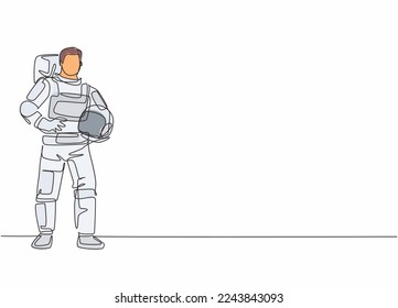 Kontinuierliche Zeichnung eines jungen männlichen Astronauten stellen Stehhelm und Haltungshelm dar. Minimalistisches Konzept für professionelle Berufe. Vektorgrafik-Illustration mit Einzelzeilenzeichnung