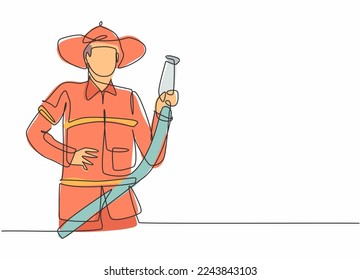 Continuous one line drawing of young male firefighter holding water nozzle. Professional job profession minimalist concept. Single line draw design vector graphic illustration