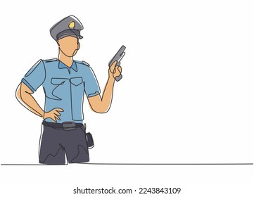 Continuous one line drawing of young policeman wearing uniform and holding hand revolver gun. Professional job profession minimalist concept. Single line draw design vector graphic illustration