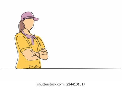 Continuous one line drawing of young deliverywoman posing crossed arms on chest before working. Professional job profession minimalist concept. Single line draw design vector graphic illustration