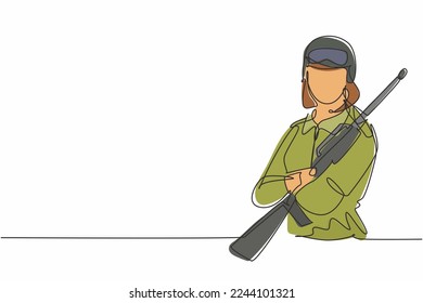El dibujo continuo de una línea de una joven soldado que porta armas plantea una cruz en el pecho. Concepto minimalista de profesión laboral profesional. ilustración vectorial de diseño de línea única
