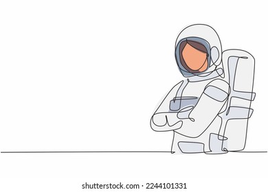 Continuous one line drawing of young female astronaut in space suit pose cross arms on chest. Professional job profession minimalist concept. Single line draw design vector graphic illustration