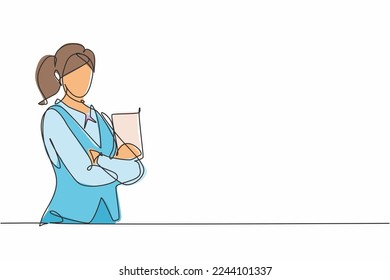 Continuous one line drawing young female waitress holding resto menu   posing cross arms chest  Professional job profession minimalist concept  Single line draw design vector graphic illustration