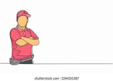 Continuous one line drawing of young delivery man with uniform posing cross his hands on chest. Professional job profession minimalist concept. Single line draw design vector graphic illustration
