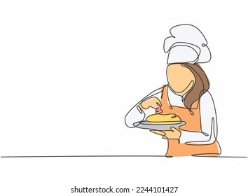 Continuous one line drawing of young confident beauty female chef sparkling salt and pepper to main dish before serving to customer. Food concept single line draw graphic design vector illustration